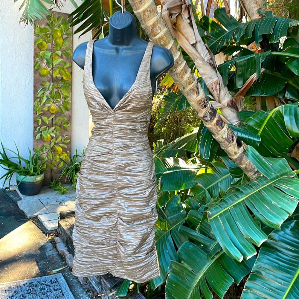 Nicole Miller champagne metallic, deep cut ruched dress